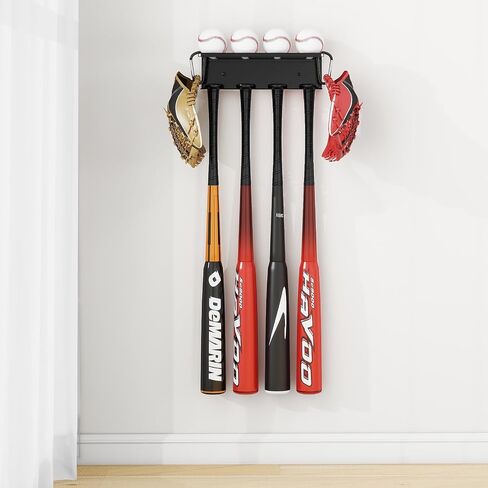 Baseball Bat Holder Wall Mount for Storage 8 Baseballs 4 Bats, SUS304 Metal Softball Bat Rack with Rubber Mat and 2 Snap Ring in Saudi Arabia