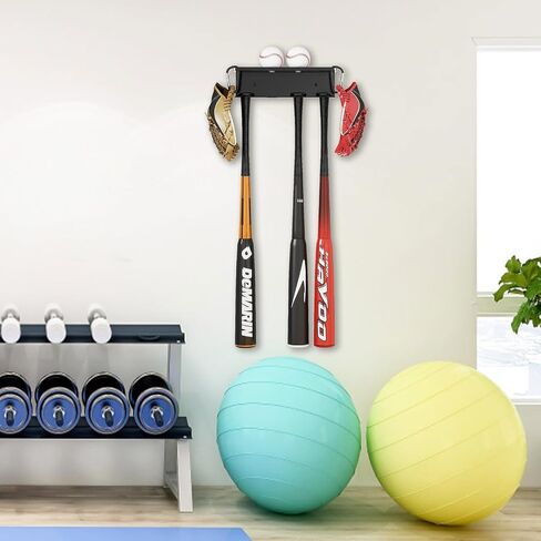 Baseball Bat Holder Wall Mount for Storage 8 Baseballs 4 Bats, SUS304 Metal Softball Bat Rack with Rubber Mat and 2 Snap Ring in Saudi Arabia