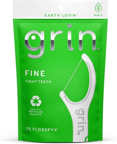 GRIN Fine Flosspyx، خيط تنظيف الأسنان، عدد 75، خيط تنظيف الأسنان، نكهة النعناع، ​​بلاستيك معاد تدويره، خيط تنظيف ناعم فائق القوة، أسنان مشدودة، رأس خيط تنظيف ممتاز أطول، يتضمن عود أسنان آمن قابل للطي للخلف in Kuwait
