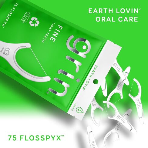 GRIN Fine Flosspyx، خيط تنظيف الأسنان، عدد 75، خيط تنظيف الأسنان، نكهة النعناع، ​​بلاستيك معاد تدويره، خيط تنظيف ناعم فائق القوة، أسنان مشدودة، رأس خيط تنظيف ممتاز أطول، يتضمن عود أسنان آمن قابل للطي للخلف in Kuwait