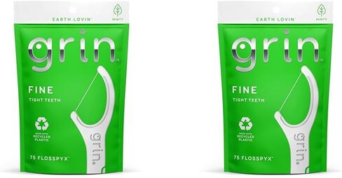GRIN Fine Flosspyx، خيط تنظيف الأسنان، عدد 75، خيط تنظيف الأسنان، نكهة النعناع، ​​بلاستيك معاد تدويره، خيط تنظيف ناعم فائق القوة، أسنان مشدودة، رأس خيط تنظيف ممتاز أطول، يتضمن عود أسنان آمن قابل للطي للخلف in Kuwait