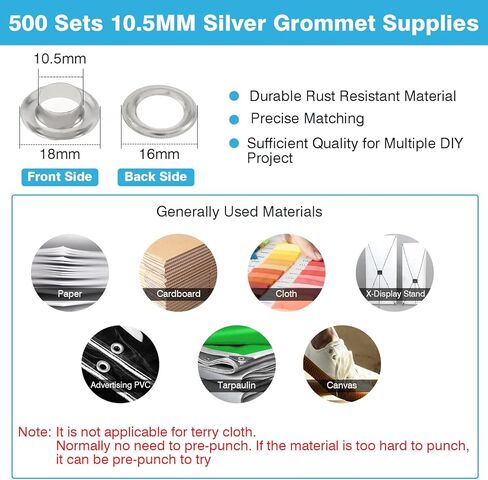 مجموعة أدوات معدنية ذات حلقات معدنية من IRONWALLS، مجموعة كماشة ثقب يدوية محمولة مع 500 قطعة حلقات معدنية فضية مقاس 10.5 مم، آلة حلقة ضغط يدوية، أداة ثقب يدوية لستارة قماش القنب in Kuwait