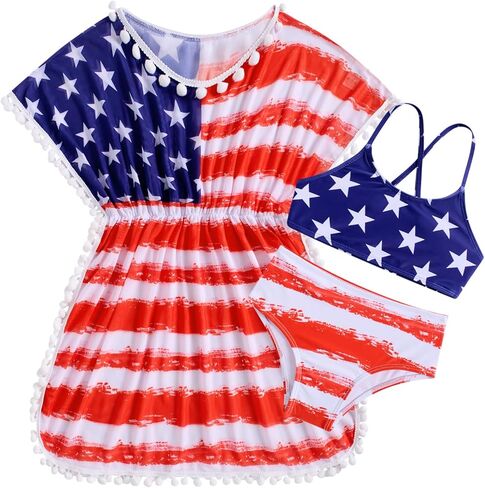 Girls American Flag Swimsuits 4th of July Bathing Suit 9-10 Teens Patriotic Bikini 3 Piece Sets Beach Outfits Swim Wear Coveup Pom Pom Trim in Kuwait