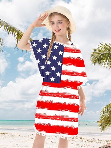 Girls American Flag Swimsuits 4th of July Bathing Suit 9-10 Teens Patriotic Bikini 3 Piece Sets Beach Outfits Swim Wear Coveup Pom Pom Trim in Kuwait