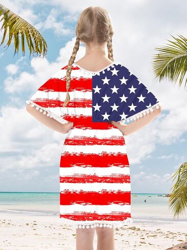 Girls American Flag Swimsuits 4th of July Bathing Suit 9-10 Teens Patriotic Bikini 3 Piece Sets Beach Outfits Swim Wear Coveup Pom Pom Trim in Kuwait