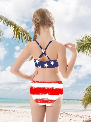 Girls American Flag Swimsuits 4th of July Bathing Suit 9-10 Teens Patriotic Bikini 3 Piece Sets Beach Outfits Swim Wear Coveup Pom Pom Trim in Kuwait