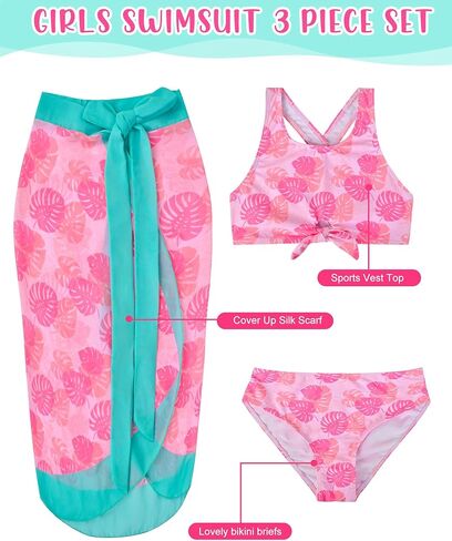 طقم بيكيني للفتيات من PASHOP مكون من 3 قطع، ملابس سباحة مع سروال سباحة وتنورة غطاء، مقاوم للماء سريع الجفاف مناسب للشاطئ in Kuwait