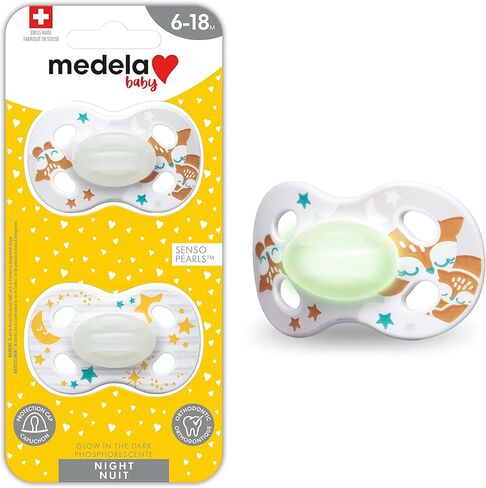 لهاية ميديلا للأطفال | الليل - يتوهج في الظلام | 6-18 شهرًا | 2- العد | خفيف الوزن | خالية من مادة BPA | الثعالب والقمر مع النجوم in Kuwait