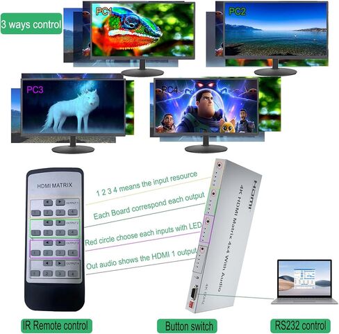 مقسم HDMI 4K، محول HDMI مصفوفة 4in 4out، HDMI 2.0 يدعم 3840x2160@60HZ مع مفتاح الصوت، جهاز تحكم عن بعد بالأشعة تحت الحمراء + زر الضغط + التحكم RS232، يدعم مستخرج الصوت EDID، ثلاثي الأبعاد، HDR، 18 جيجابايت في الثانية، HDCP 2.2 in Kuwait