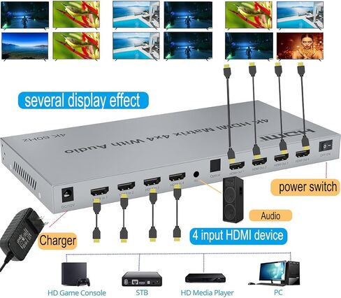 مقسم HDMI 4K، محول HDMI مصفوفة 4in 4out، HDMI 2.0 يدعم 3840x2160@60HZ مع مفتاح الصوت، جهاز تحكم عن بعد بالأشعة تحت الحمراء + زر الضغط + التحكم RS232، يدعم مستخرج الصوت EDID، ثلاثي الأبعاد، HDR، 18 جيجابايت في الثانية، HDCP 2.2 in Kuwait