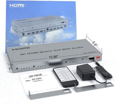 مقسم HDMI 4K، محول HDMI مصفوفة 4in 4out، HDMI 2.0 يدعم 3840x2160@60HZ مع مفتاح الصوت، جهاز تحكم عن بعد بالأشعة تحت الحمراء + زر الضغط + التحكم RS232، يدعم مستخرج الصوت EDID، ثلاثي الأبعاد، HDR، 18 جيجابايت في الثانية، HDCP 2.2 in Kuwait