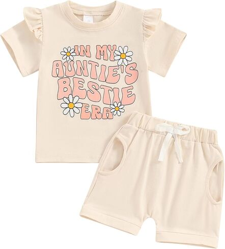 Toddler Baby Girl Summer Outfits Aunties Bestie Era Ruffle Short Sleeve Daisy T-Shirt Tops Shorts 2Pcs Clothes Set in Kuwait