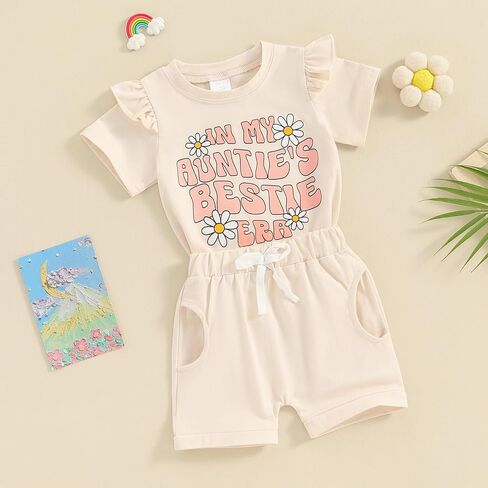 Toddler Baby Girl Summer Outfits Aunties Bestie Era Ruffle Short Sleeve Daisy T-Shirt Tops Shorts 2Pcs Clothes Set in Kuwait