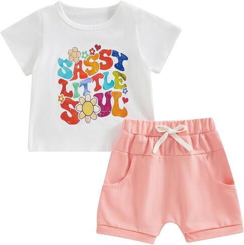 Toddler Baby Girl Summer Outfits Aunties Bestie Era Ruffle Short Sleeve Daisy T-Shirt Tops Shorts 2Pcs Clothes Set in Kuwait