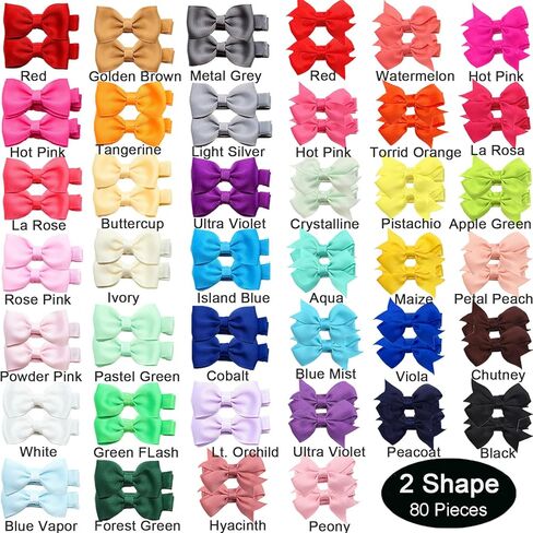 Ayesha Hair Clips 80 Pieces, 2" Mini Hair Bows Fully Lined Baby Barrettes for Baby Girls Infant Toddler Kids in Pairs, Non-slip Mat, Lightweight Design, Multi Occasion Wear, 40 Colors in Kuwait