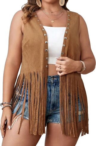 OYOANGLE Women's Plus Size Studded Fringe Trim Open Front Sleeveless Faux Suede Vest Jacket in Saudi Arabia