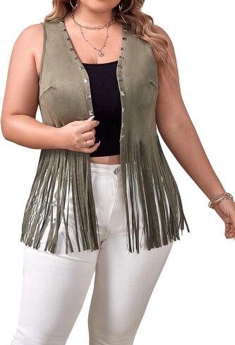 OYOANGLE Women's Plus Size Studded Fringe Trim Open Front Sleeveless Faux Suede Vest Jacket in Saudi Arabia