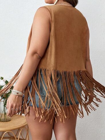 OYOANGLE Women's Plus Size Studded Fringe Trim Open Front Sleeveless Faux Suede Vest Jacket in Saudi Arabia