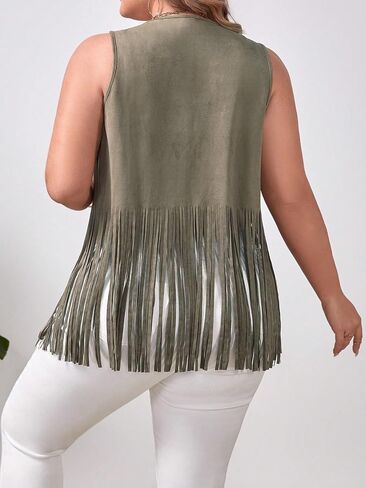 OYOANGLE Women's Plus Size Studded Fringe Trim Open Front Sleeveless Faux Suede Vest Jacket in Saudi Arabia