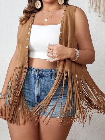 OYOANGLE Women's Plus Size Studded Fringe Trim Open Front Sleeveless Faux Suede Vest Jacket in Saudi Arabia