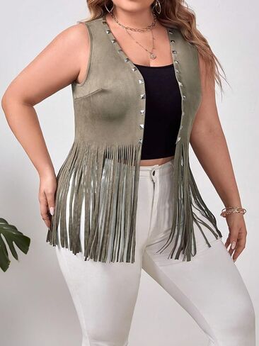 OYOANGLE Women's Plus Size Studded Fringe Trim Open Front Sleeveless Faux Suede Vest Jacket in Saudi Arabia