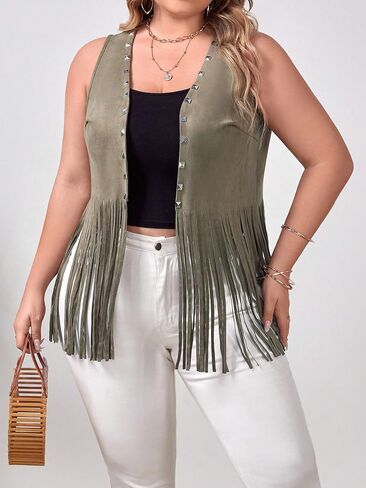 OYOANGLE Women's Plus Size Studded Fringe Trim Open Front Sleeveless Faux Suede Vest Jacket in Saudi Arabia