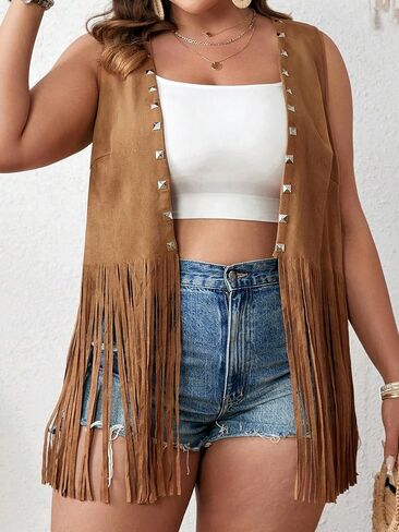 OYOANGLE Women's Plus Size Studded Fringe Trim Open Front Sleeveless Faux Suede Vest Jacket in Saudi Arabia