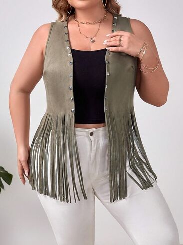 OYOANGLE Women's Plus Size Studded Fringe Trim Open Front Sleeveless Faux Suede Vest Jacket in Saudi Arabia