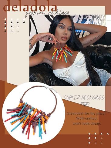 قلادة ديلادولا ذات الياقة الخشبية الملونة المصنوعة يدويًا، قلادات مريلة خشبية شرابة متعددة الألوان، إكسسوارات تنكرية للنساء in Kuwait