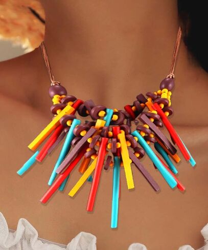 قلادة ديلادولا ذات الياقة الخشبية الملونة المصنوعة يدويًا، قلادات مريلة خشبية شرابة متعددة الألوان، إكسسوارات تنكرية للنساء in Kuwait