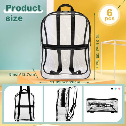 Sadnyy 6 قطع حقيبة ظهر شفافة معتمدة من الاستاد مقاس 15.5 × 11 × 5 بوصة حقائب استاد شفافة للنساء شفافة من خلال حقيبة ظهر للحفلات الموسيقية من البلاستيك الشفاف PVC حقيبة ظهر آمنة للعمل، 3 ألوان in Kuwait