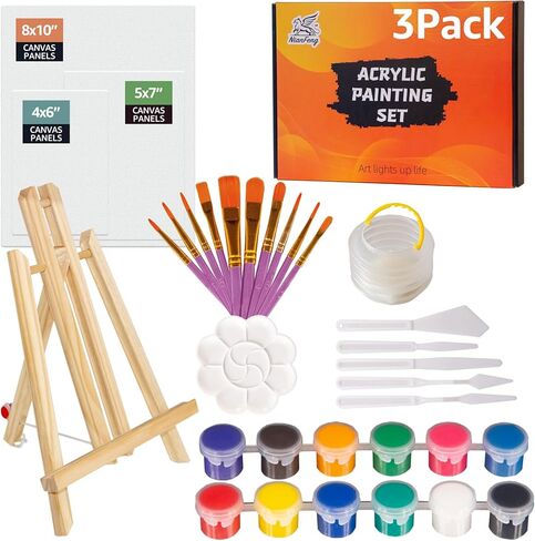 مجموعة طلاء أكريليك من Nian Feng مع حامل خشبي على سطح الطاولة، مجموعة لوازم الرسم الفني مع 12 لونًا من الطلاء، ولوحات قماشية، وفرش، وغسالة فرش الطلاء، ولوحة الألوان، ومكشطة طلاء للأطفال والكبار. in Kuwait