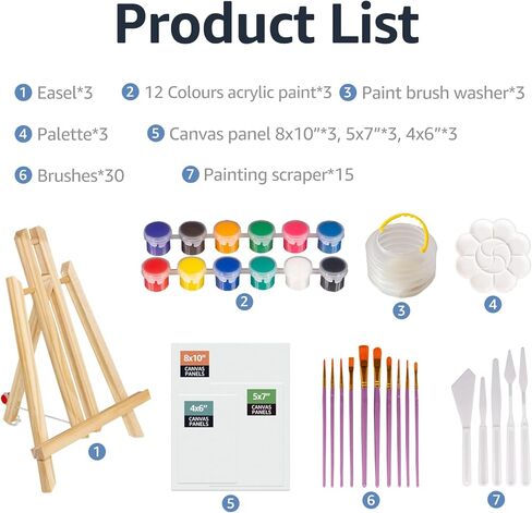 مجموعة طلاء أكريليك من Nian Feng مع حامل خشبي على سطح الطاولة، مجموعة لوازم الرسم الفني مع 12 لونًا من الطلاء، ولوحات قماشية، وفرش، وغسالة فرش الطلاء، ولوحة الألوان، ومكشطة طلاء للأطفال والكبار. in Kuwait