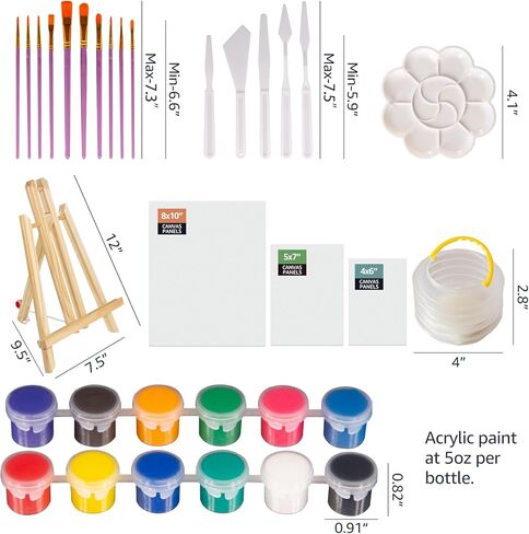مجموعة طلاء أكريليك من Nian Feng مع حامل خشبي على سطح الطاولة، مجموعة لوازم الرسم الفني مع 12 لونًا من الطلاء، ولوحات قماشية، وفرش، وغسالة فرش الطلاء، ولوحة الألوان، ومكشطة طلاء للأطفال والكبار. in Kuwait