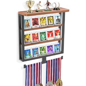 Wall Trading Card Display,3-Tier Graded Card Display with Medal Hanger,Wood Sports Card Display Case,Card Display Stand with Shelf for Cards Display and Collection in Saudi Arabia