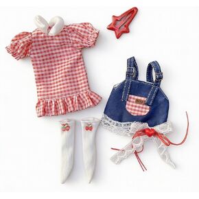 1/6 YoSD BJD Apparel Set for 30cm Collectible Figure, Americana Sweet Style with Gingham Top, Denim Dungaree & Cherry Socks, Doll Not Included in Saudi Arabia