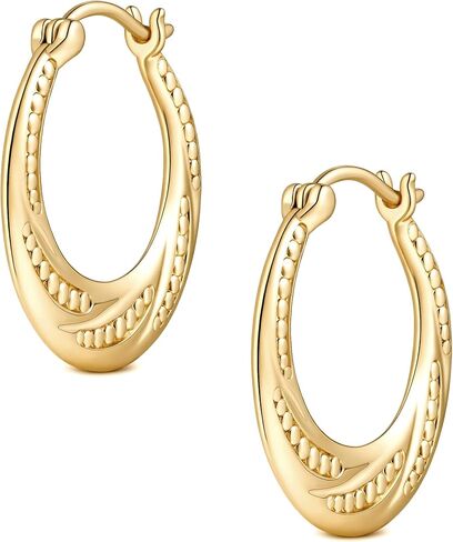 14K Gold Earrings for Women Gold Hoop Earrings for Women 14K Gold Hoop Earring for Womens Hoops Intricately Textured surface with Bead Details Hoops Earring for Womens 22/25mm in Saudi Arabia