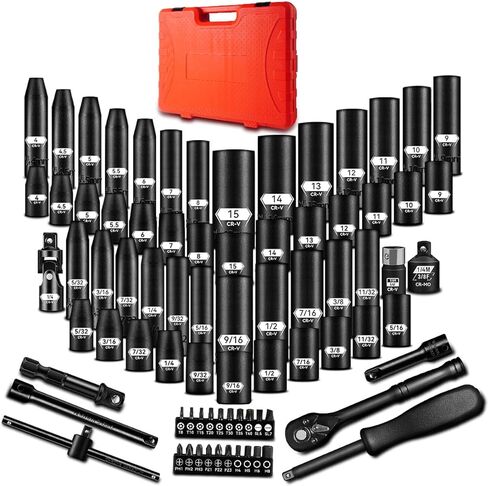 1/4 Inch Drive Impact Socket Set, 79 PCS Standard SAE(5/32-9/16inch) & Metric(4-15mm) Size, 6 Point Deep & Shallow, 72T Wrench Ratchet Kit, Master Grade Cr-V With Heavy Duty Storage Case in Saudi Arabia