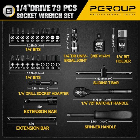 1/4 Inch Drive Impact Socket Set, 79 PCS Standard SAE(5/32-9/16inch) & Metric(4-15mm) Size, 6 Point Deep & Shallow, 72T Wrench Ratchet Kit, Master Grade Cr-V With Heavy Duty Storage Case in Saudi Arabia
