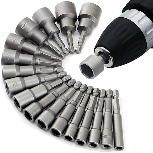 Power Nut Driver Drill Bit 14-Piece Set, 1/4" Hex Drive, Metric & SAE Socket Wrench Screws Compatible with Power Tools in Kuwait