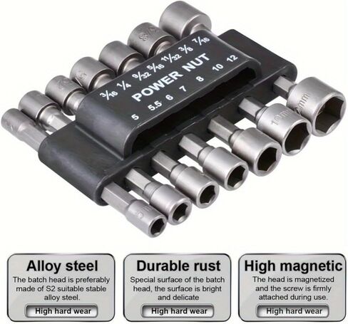 Power Nut Driver Drill Bit 14-Piece Set, 1/4" Hex Drive, Metric & SAE Socket Wrench Screws Compatible with Power Tools in Kuwait