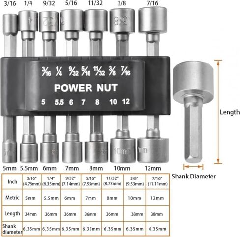 Power Nut Driver Drill Bit 14-Piece Set, 1/4" Hex Drive, Metric & SAE Socket Wrench Screws Compatible with Power Tools in Kuwait