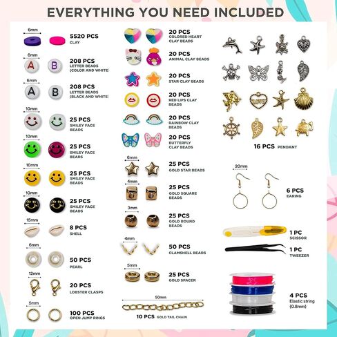 6525 Pcs Bracelet Making Kit for Beginners, Friendship Bracelet Making Kit for Girls Teens Adults, Includes Letters Beads & Smiley Beads, Polymer Clay Beads Jewelry Making Kit with 2 Storage Boxes in Kuwait