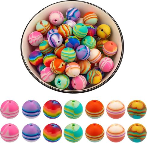 70 Pcs 15mm Silicone Beads for Keychain Making Stripe Rainbow Round Focal Beads for Pens Bracelet Necklace Jewelry Making Supplies(Rainbow) in Saudi Arabia