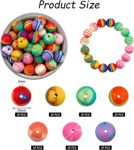 70 Pcs 15mm Silicone Beads for Keychain Making Stripe Rainbow Round Focal Beads for Pens Bracelet Necklace Jewelry Making Supplies(Rainbow) in Saudi Arabia