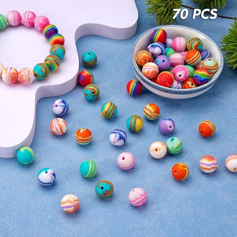 70 Pcs 15mm Silicone Beads for Keychain Making Stripe Rainbow Round Focal Beads for Pens Bracelet Necklace Jewelry Making Supplies(Rainbow) in Saudi Arabia