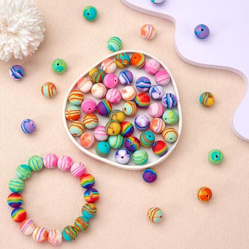 70 Pcs 15mm Silicone Beads for Keychain Making Stripe Rainbow Round Focal Beads for Pens Bracelet Necklace Jewelry Making Supplies(Rainbow) in Saudi Arabia