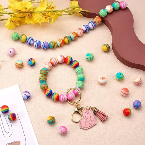 70 Pcs 15mm Silicone Beads for Keychain Making Stripe Rainbow Round Focal Beads for Pens Bracelet Necklace Jewelry Making Supplies(Rainbow) in Saudi Arabia