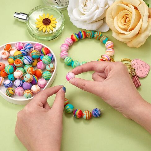 70 Pcs 15mm Silicone Beads for Keychain Making Stripe Rainbow Round Focal Beads for Pens Bracelet Necklace Jewelry Making Supplies(Rainbow) in Saudi Arabia