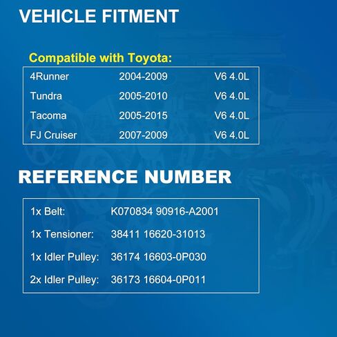 Serpentine Belt Drive Component Kit with Tensioner & Idler Pulley, Fit Toyota 4Runner 2004-2009, Tacoma 2005-2015, Tundra 2005-2010, FJ Cruiser 2007-2009, V6 4.0L, Replace 90K-38411 in Saudi Arabia